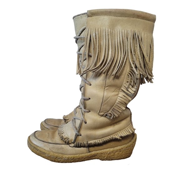 Vintage Cherokee beige gum sole mocassins winter leather boots with fringe Sz 8 - Picture 9 of 14